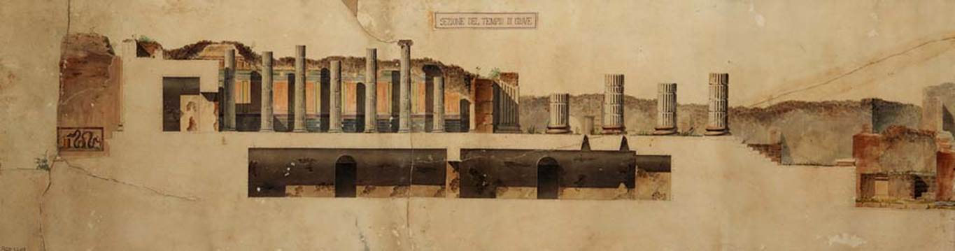 VII.8.1 Pompeii. Painting c.1843 by Pasquale Maria Veneri of a section of the Temple of Jupiter also showing only known representation of the lararium painting.
Now in Naples Archaeological Museum. Inventory number ADS1210.
Photo © ICCD. https://www.catalogo.beniculturali.it
Utilizzabili alle condizioni della licenza Attribuzione - Non commerciale - Condividi allo stesso modo 2.5 Italia (CC BY-NC-SA 2.5 IT)
