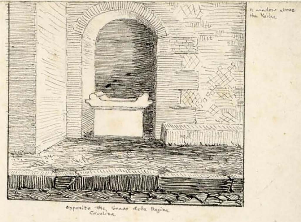 VIII.2.25 Pompeii. 1819 drawing of street altar on south side of Vicolo della Regina.
Two snakes appear to be approaching an altar, one from each side
See Gell, W, and Gandy J. P., 1819. Pompeiana. London: Rodwell and Martin, p. 195.

