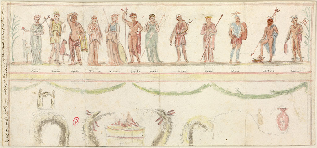 Altar VIII.3.11 Pompeii. c.1819, sketch by W. Gell of the painting of the 12 Gods, with part of the painting of the two serpents.
Here Gell names them from the left as Ceres, Diana, Apollo, Themis, Minerva, Jupiter, Venus, Vulcan, Vesta, Mars, Neptune and Mercury.
See Gell W & Gandy, J.P: Pompeii published 1819 [Dessins publiés dans l'ouvrage de Sir William Gell et John P. Gandy, Pompeiana: the topography, edifices and ornaments of Pompei, 1817-1819], pl. 54.
See book in Bibliothèque de l'Institut National d'Histoire de l'Art [France], collections Jacques Doucet Gell Dessins 1817-1819
Use Etalab Open Licence ou Etalab Licence Ouverte
