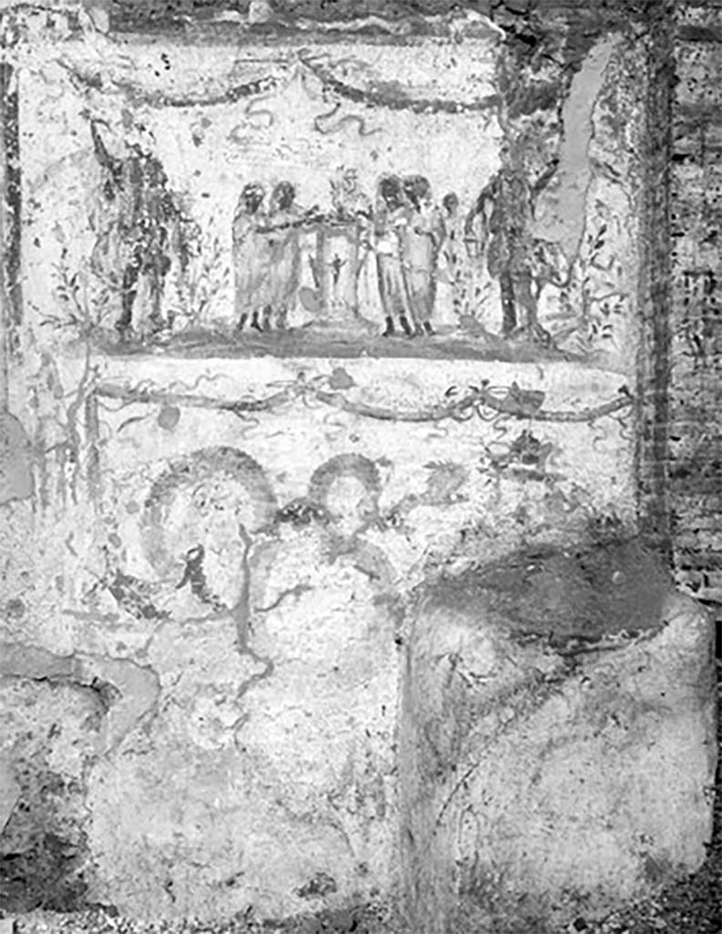Street shrine outside IX.11.1 Pompeii. 1912. Detail of painting above altar.