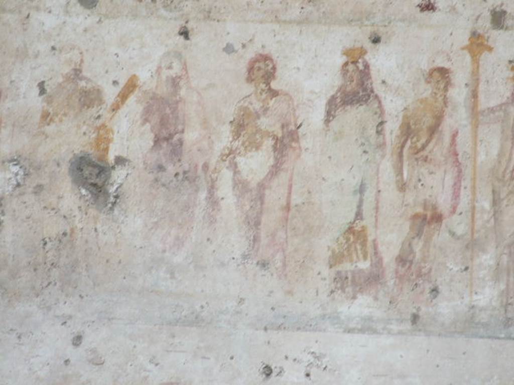 Detail of public street shrine (compitum) to 12 gods outside IX.11.1.  December 2006.  Hercules, Venus, Mercury, Proserpina, Vulcanus. 

