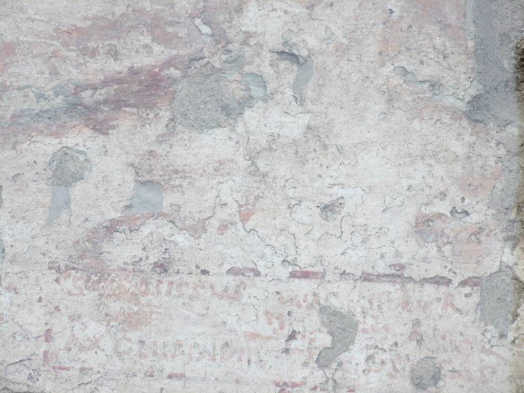 Detail of painted inscription outside IX.11.1.  December 2006.
This according to Frohlich, which he reads (left to right and top to bottom), is 
SVCVVSSVS (or Successus?), VICTOR, AXCLIIPIADIIS (i.e. Asclepiades),  and COSSTAS, with what appears to be VICI/MAGISTRI in the centre, but the condition is poor and the text is hard to read.
See Fröhlich, T., 1991. Lararien und Fassadenbilder in den Vesuvstädten. Mainz: von Zabern. (p.337). According to Epigraphik-Datenbank Clauss/Slaby (See www.manfredclauss.de) this read

Successus Victor 
A<s=X>clepiades Co<n=S>sta(n)s       [CIL IV 7855]