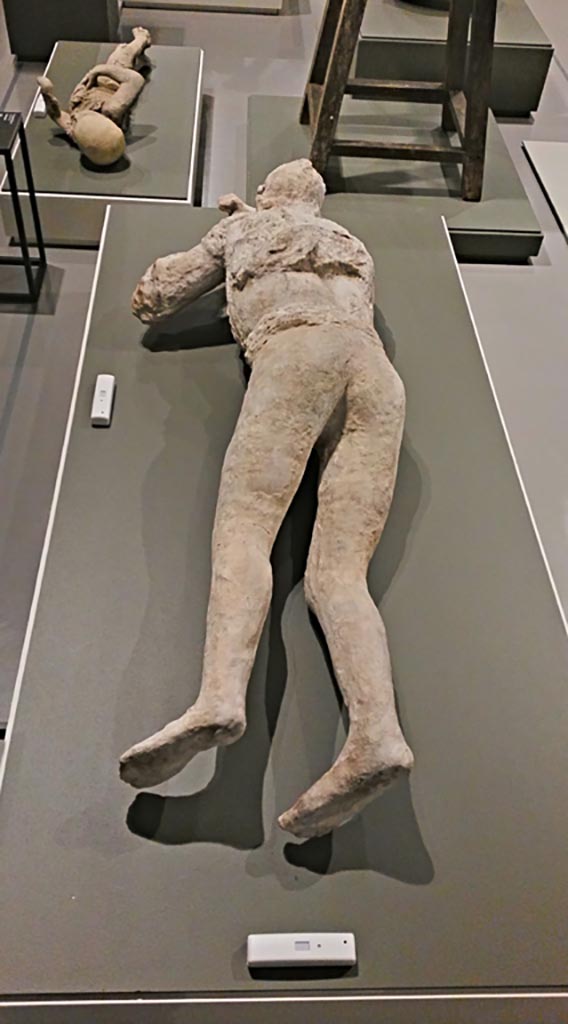 Victim number 10, the young girl from Strada Stabiana. Photo: Edizioni Brogi (no.5576a, side view). Photo courtesy of Eugene Dwyer.
In his description of this plaster-cast in his Guida di Pompei, 1877, Fiorelli described –
“Young woman [no.10], face down, with her head resting on her arm. She is denuded in part of her clothing, save for some traces on her shoulders, and her tresses are still visible, with hair knotted behind her head. (Reg. VI. Ins XIV, cardo).”
See Fiorelli, Guida di Pompei, [Rome, 1877,] p.88-89. 
See Dwyer, E., 2010. Pompeii’s Living Statues. Ann Arbor: Univ of Michigan Press, (p.93).
