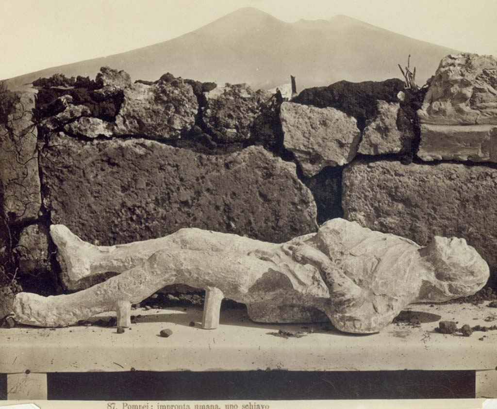 Victim numbered 1, photographed by Michele Amodio. Photo courtesy of Eugene Dwyer.
In his description of this plaster-cast in his Guida di Pompei, 1877, Fiorelli described –
“Man, [no.1], fallen in the lapilli, which does not preserve the impression of the back or of the right arm. The swelling of the stomach is due to a piece of ash having broken off at the time when the gesso was formed. (Reg.VII, insula IX, via quarta).
See Fiorelli, Guida di Pompei, [Rome, 1877,] p.88-89. 
See Dwyer, E., 2010. Pompeii’s Living Statues. Ann Arbor: Univ of Michigan Press, (p.93).
