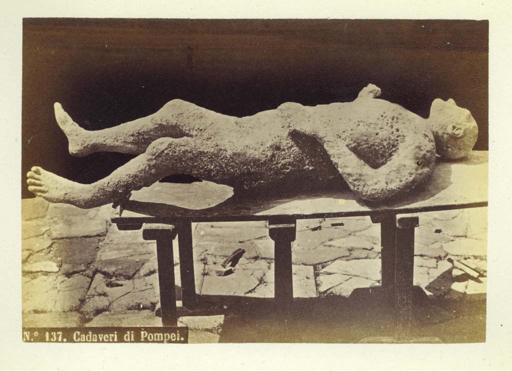 Victim number 6, found on the north-east corner of Insula III of Region IX, where the unnamed roadway meets the Vicolo di Tesmo.
Photo courtesy of Eugene Dwyer.
Neville-Rolfe wrote in 1888 –
“The next cast is also of a man, and probably of a slave, from the low type of his face, and his receding forehead. 
If the raised band encircling his body is a belt, it would be a further indication of his servile condition. 
Some have conjectured that this elevation is not a belt, but was caused by the bursting of the corpse. 
The right hand is firmly clasped and the expression of the mouth is one of extreme agony. 
The left hand is on the belt, and the legs are extended.”
See Neville-Rolfe E., 1888. Pompeii popular and practical. Naples: Furcheim, (p.82).
