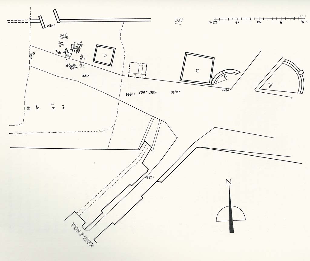 NGOF Pompeii. 1979. Plan of tombs area by Stefano De Caro.
See De Caro S., 1976. Scavi nell’area fuori Porta Nola a Pompei: Cronache Pompeiane V, p. 62, fig. 1. 
