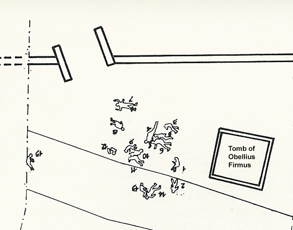 NGOF Pompeii. 1979. Plan of location of 15 bodies found. Plan after Stefano De Caro.
See De Caro S., 1976. Scavi nell’area fuori Porta Nola a Pompei: Cronache Pompeiane V, (fig. 25). 

