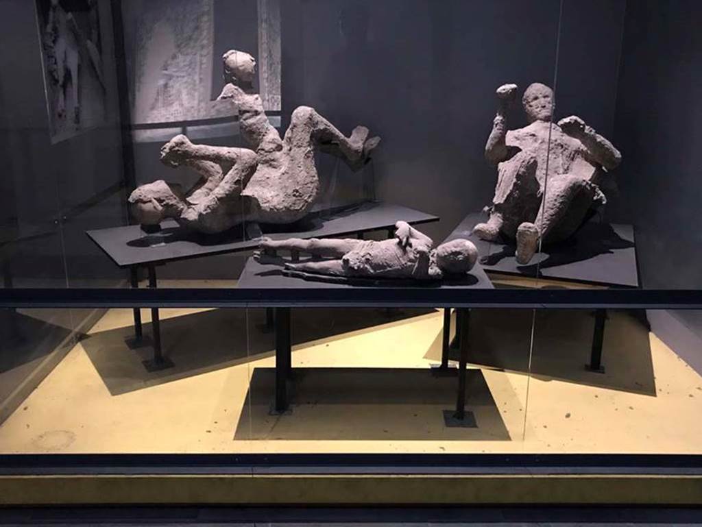 VI.17.42 Pompeii. Victims 50 to 53. April 2019. Plaster-casts of a family group of four. On display in Antiquarium.
Photo courtesy of Rick Bauer.
