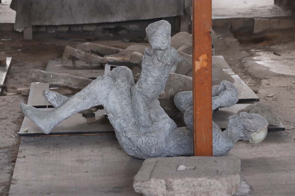 VI.17.42, Pompeii, October 2020. Plaster cast of a woman (victim 52) and child (51) found in the corridor leading to the garden area.
Photo courtesy of Klaus Heese. 
According to Estelle Lazer, it is extremely difficult to determine sex of this child from skeletal evidence. 
The mixed dentition observed in the mandible indicates an age-at-death of at least five to six years, depending on the sex of the individual. 
There is extensive reconstruction of the lower torso which indicates that more research is required to understand how this cast was achieved.
See Lazer E., et al. 2020. Inside the Casts of the Pompeian Victims: Results from the First Season of the Pompeii Cast Project In 2015. Papers of the British School at Rome.
