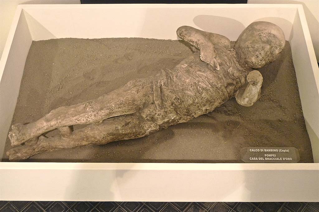 VI.17.42 Pompeii. Victim 53. Boscoreale Antiquarium 2011. Cast of a child found in 1978, in a corridor a few metres from the three other bodies.
Part of a family group of four who died under the staircase. Photo courtesy of Michael Binns.
