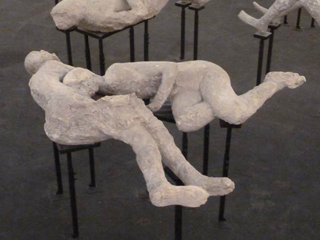 I.6.2 Pompeii. Victims 21 and 22. September 2015. Exhibit from the Summer 2015 exhibition in the amphitheatre.
Plaster casts of two victims found in the lapilli above the garden area level. 
According to Estelle Lazer, Cast Numbers 21 and 22 were embracing but, as they were cast separately, they could enter the gantry of the CT scanner individually. 
These two victims have variously been interpreted as two lovers or two women, sometimes as sisters or as a mother and daughter. 
The preliminary results of DNA analysis of skeletal samples from these casts indicate that they were two unrelated males
See Lazer E., et al. 2020. Inside the Casts of the Pompeian Victims: Results from the First Season of the Pompeii Cast Project In 2015. Papers of the British School at Rome.
