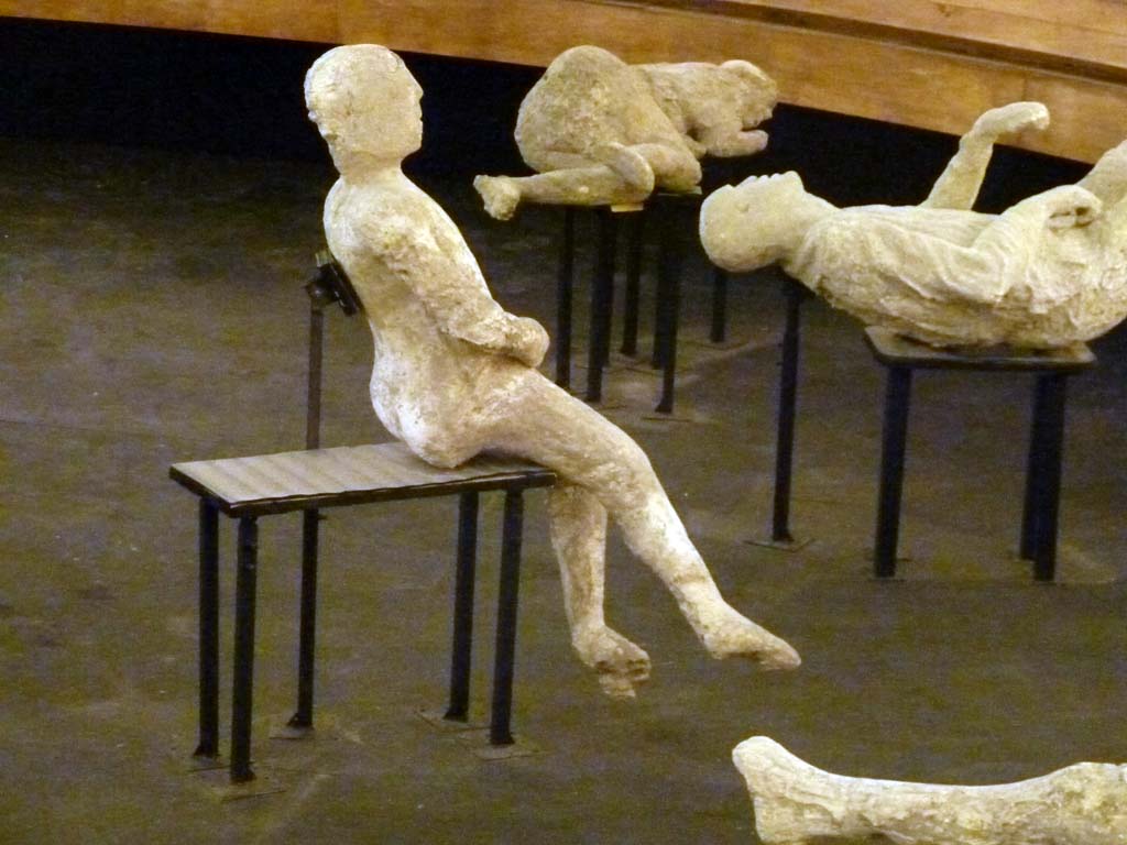 VII.16.17-22 Pompeii. September 2015. Exhibit from the Summer 2015 exhibition in the amphitheatre.
Plaster cast of uppermost victim, on left, found huddled together with the others on the stairs that led to the ground floor.
