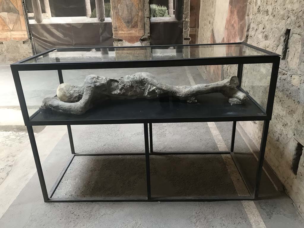 Villa of Mysteries, Pompeii. April 2019. Victim 25. Room 64, looking east across atrium towards display case on south-east side.
The imprint has retained on the body the folds of the clothes he wore and the shape of the "calcei" (shoes) he wore on his feet.
Villa dei Misteri, Pompei. Aprile 2019. Vittima 25. Ambiente 64, guardando a est attraverso l'atrio verso la vetrina sul lato sud-est.
L'impronta ha conservato sul corpo le pieghe degli indumenti che indossava e la forma dei "calcei " che portava ai piedi.
Photo courtesy of Rick Bauer.
See/Vedi Maiuri A., 1967. La Villa dei Misteri. Istituto poligrafico dello stato/libreria dello stato, p.10.

