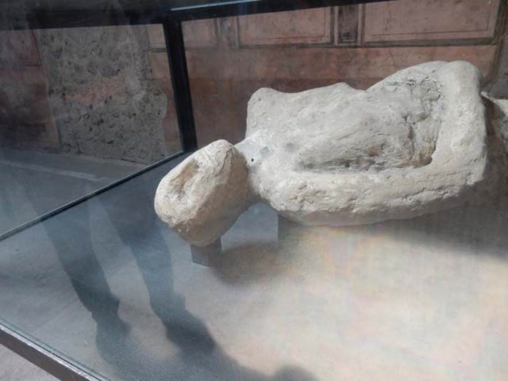 Villa of Mysteries, Pompeii. May 2015. Victim 26. Detail of body-cast. Photo courtesy of Buzz Ferebee.
It was recognized as the body of an adolescent gripped in the spasm of suffocation, their chest stretched out and lifted by the last gasp of breathing. 

