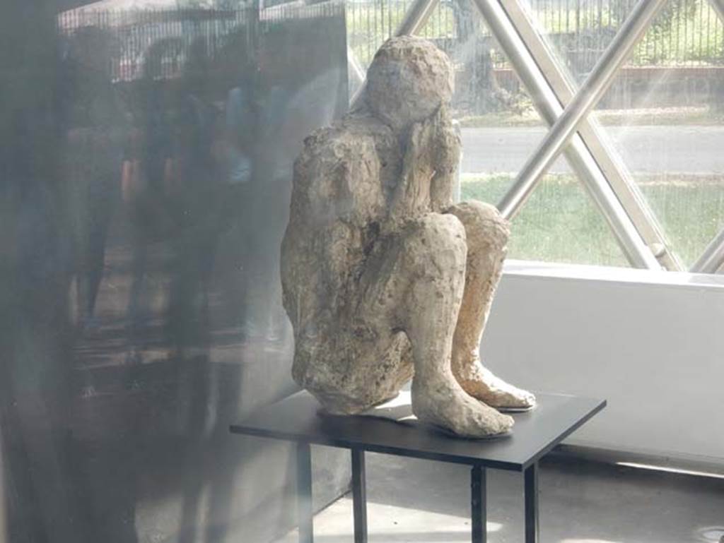 II.7.1 Pompeii. May 2018. Cast described as "The Crouching Man" or "The Muleteer".
Plaster-cast of victim found near the latrine of the Palaestra, perhaps, as portrayed here, found crouching on the ground with his back against the wall of the east end of the south portico. 
Photo courtesy of Buzz Ferebee.
However, when this body was cast, he was found to be tipped forwards, huddled up and bent double on his knees, when restored he was placed in this position. 
See Stefani, G. (2010). The Casts, exhibition at Boscoreale Antiquarium, 2010. (p.10).

