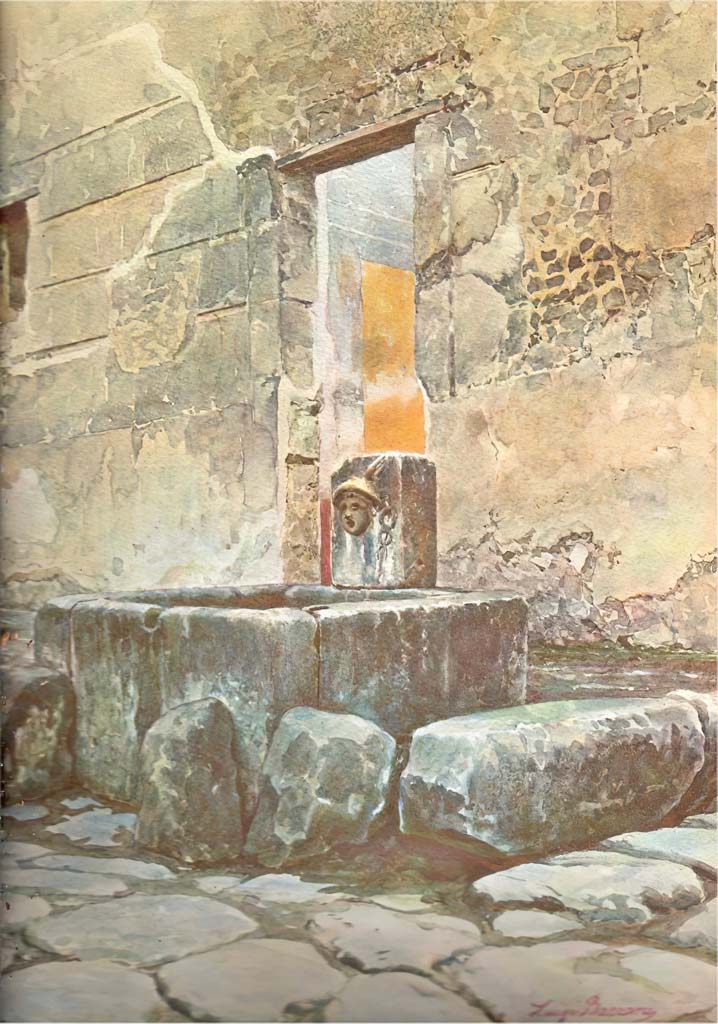 Fountain with head of Mercury outside VI.8.24. 1904. Watercolour painting by Luigi Bazzani.
Looking south-west on Via di Mercurio, with entrance doorway to VI.8.24 at its rear.
Now in Naples Archaeological Museum, inventory number 139410.
