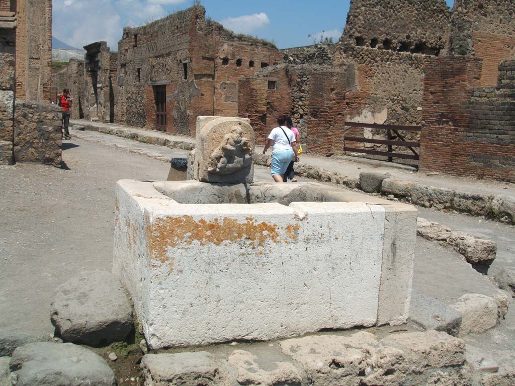 Fountain outside VI.14.17 on corner of Via della Fortuna and Via del Vesuvio, looking north. May 2005.