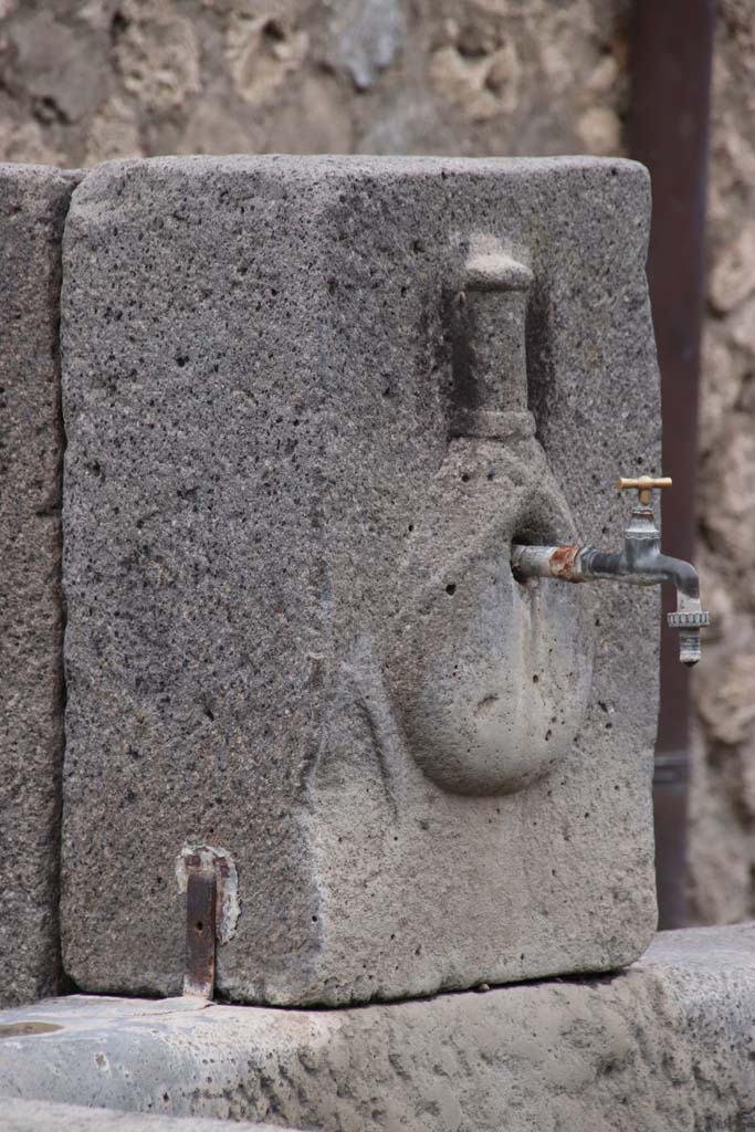 Fountain at VI.16.19. October 2020. Looking towards detail of relief of flask with straps. 
Photo courtesy of Klaus Heese.
