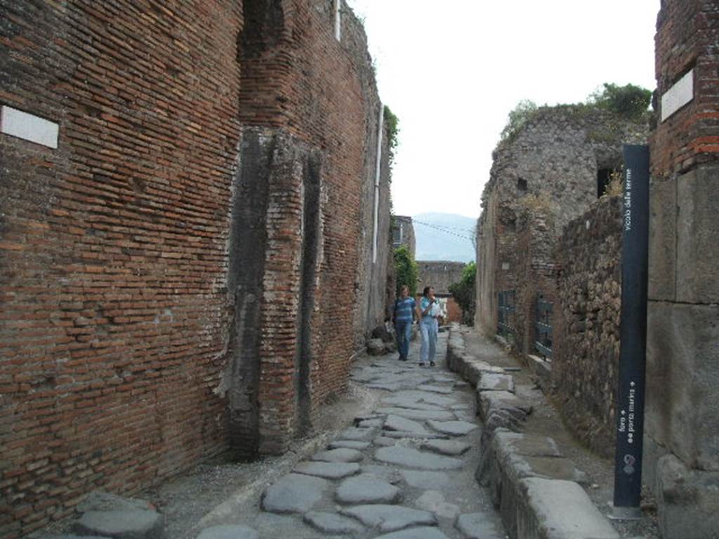 VII.5.8 Pompeii, side wall. May 2005. Vicolo delle Terme, looking south. VII.6 on right.    