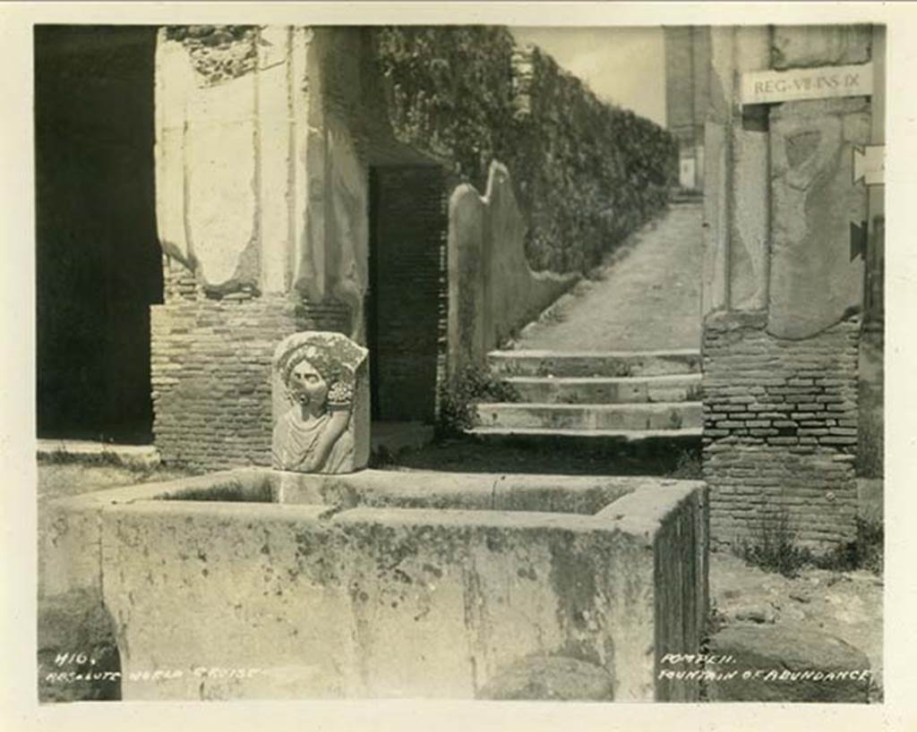 VII.9.67, 1932. Fountain and rear steps leading up to Eumachia’s building. Photo taken during a shore-visit from the cruiseship Resolute in 1932. Photo courtesy of Rick Bauer.
