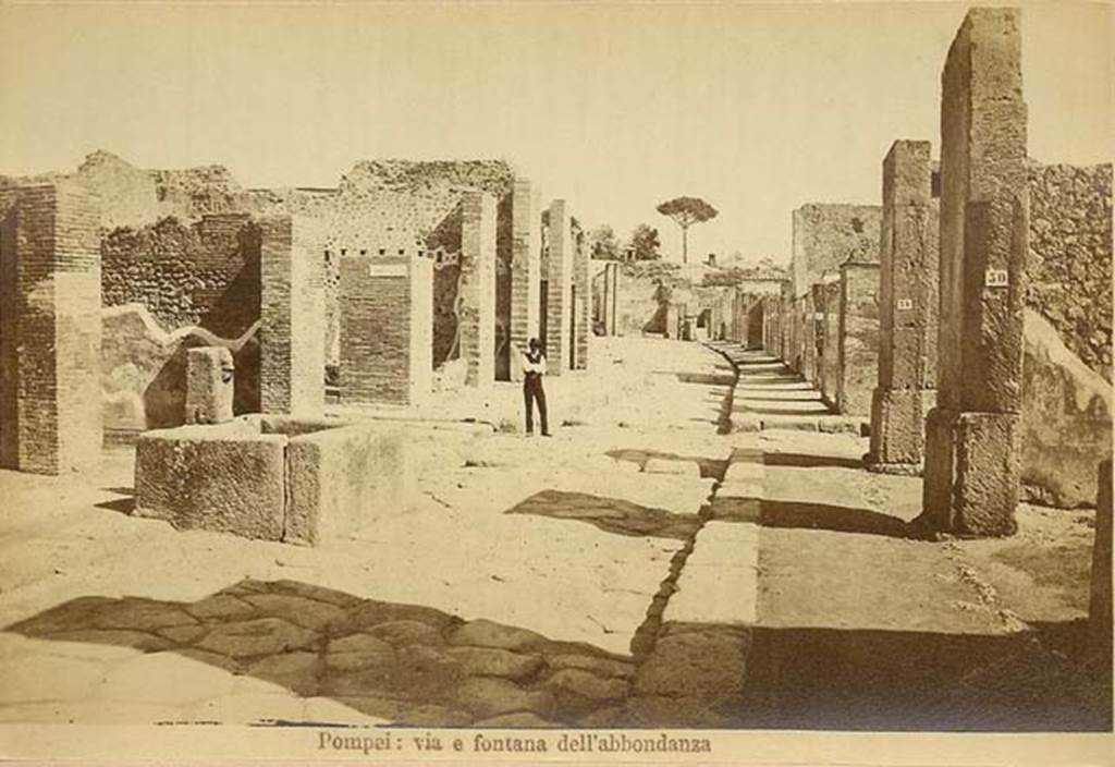 Fountain outside VII.14.13 and VII.14.14 on Via dell’Abbondanza. C.1880s. Looking east from near fountain.
In the distance is the “as-yet-unexcavated” area near Holconius crossroads. Photo courtesy of Rick Bauer.

