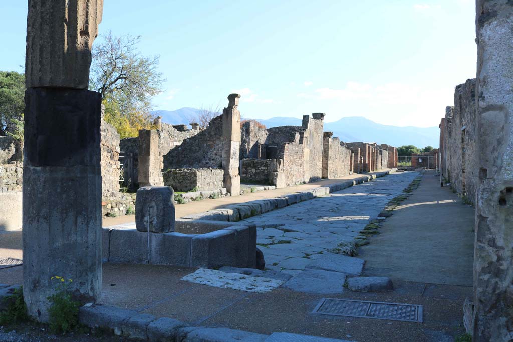 Outside VIII.2.11, Pompeii, in Via delle Scuole. October 2020. Looking north-west towards fountain. Photo courtesy of Klaus Heese.