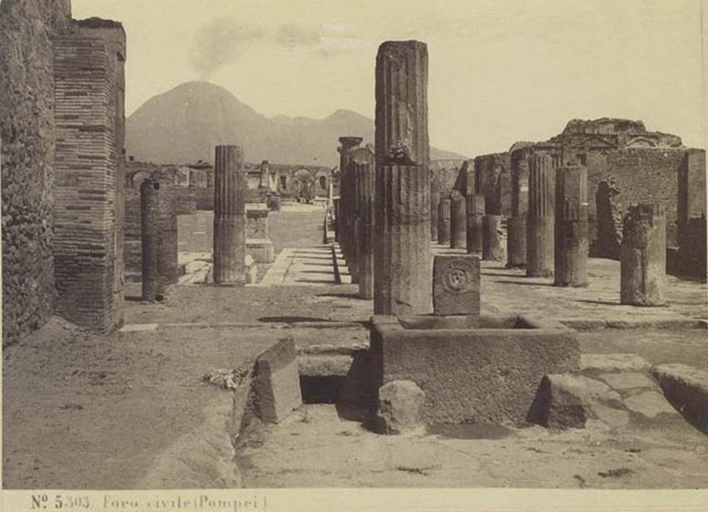 Outside VIII.2.11, Pompeii. 19th century postcard. Looking north from end of Via delle Scuole, towards east side of Forum. Photo courtesy of Rick Bauer.