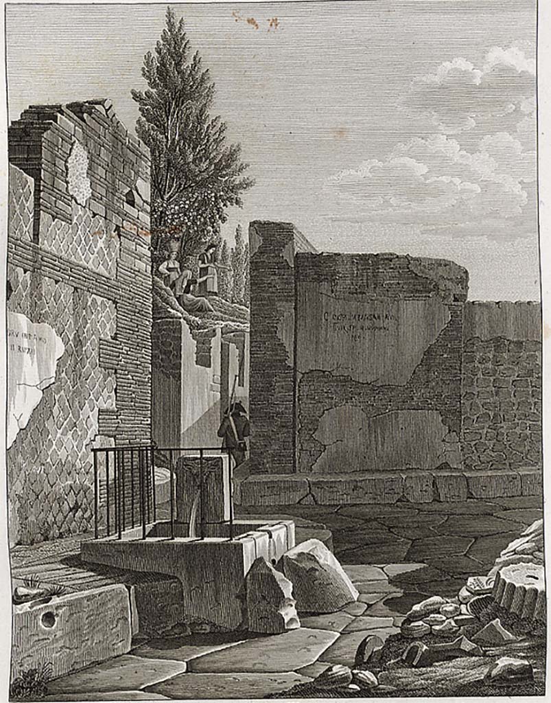 Fountain at VIII.2.29. Between 1819 and 1832, drawing by W. Gell of the fountain in Vicolo della Regina.
The relief head is shown additionally in the top left of the drawing.
See Gell, W. Pompeii unpublished [Dessins de l'édition de 1832 donnant le résultat des fouilles post 1819 (?)] vol II, p. 62 of 178.
Bibliothèque de l'Institut National d'Histoire de l'Art, collections Jacques Doucet, Identifiant numérique Num MS180 (2).
See book in INHA Use Etalab Licence Ouverte
