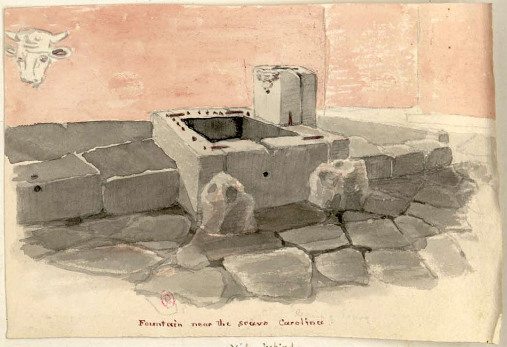 Fountain at VIII.2.29. Between 1819 and 1832, drawing by W. Gell of the fountain in Vicolo della Regina.
The relief head is shown additionally in the top left of the drawing.
See Gell, W. Pompeii unpublished [Dessins de l'édition de 1832 donnant le résultat des fouilles post 1819 (?)] vol II, p. 62 of 178.
Bibliothèque de l'Institut National d'Histoire de l'Art, collections Jacques Doucet, Identifiant numérique Num MS180 (2).
See book in INHA Use Etalab Licence Ouverte
