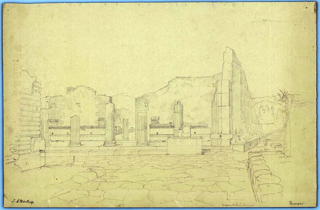 Fountain outside VIII.7.30 Pompeii. 1849. Drawing by Laurits Albert Winstrup. 
Looking south in Via dei Teatri, towards fountain and entrance to Triangular Forum.
Photo © Danmarks Kunstbibliotek, inventory number ark_6092.
