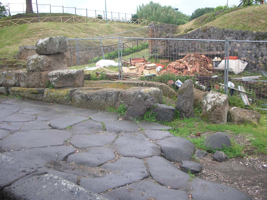 Vesuvian Gate Pompeii. May 2006. Channel leading to water tower on north side of gate.