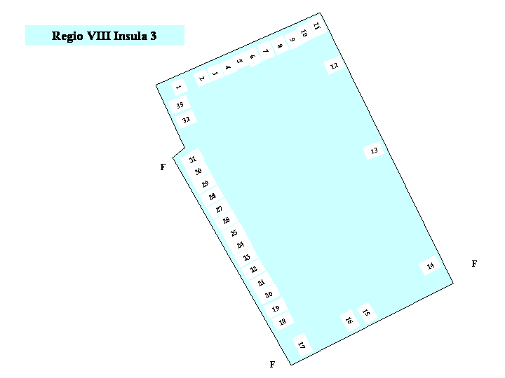 Pompeii Regio VIII(8) Insula 3. Plan of entrances 1 to 33