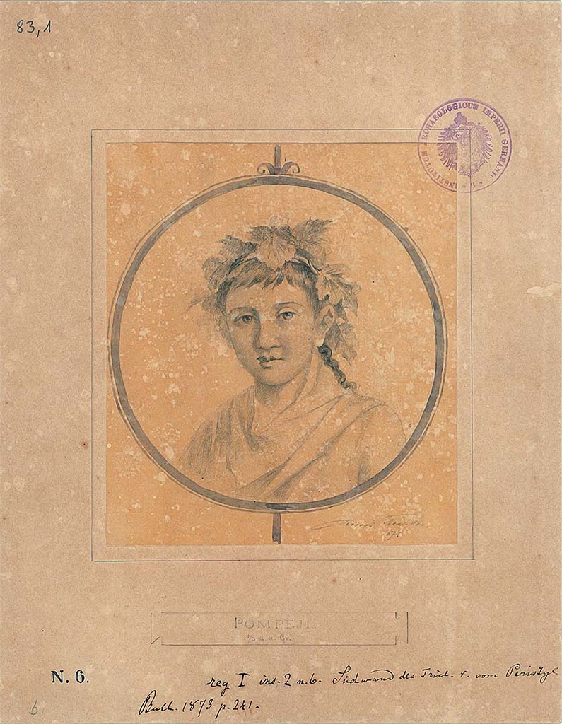I.2.6 Pompeii. 1875 drawing by E. Eichler of a medallion of a young person crowned with vine foliage. 
The drawing is titled “South wall of triclinium right from peristyle”.
PPM gives two possible locations, the second being a large room at the side of the stairs on the opposite side of the peristyle.
DAIR 83,1. Photo © Deutsches Archäologisches Institut, Abteilung Rom, Arkiv. 
See Pappalardo, U., 2001. La Descrizione di Pompei per Giuseppe Fiorelli (1875). Napoli: Massa Editore. (p.35)
See Carratelli, G. P., 1990-2003. Pompei: Pitture e Mosaici: Vol. I. Roma: Istituto della enciclopedia italiana, p. 13.
