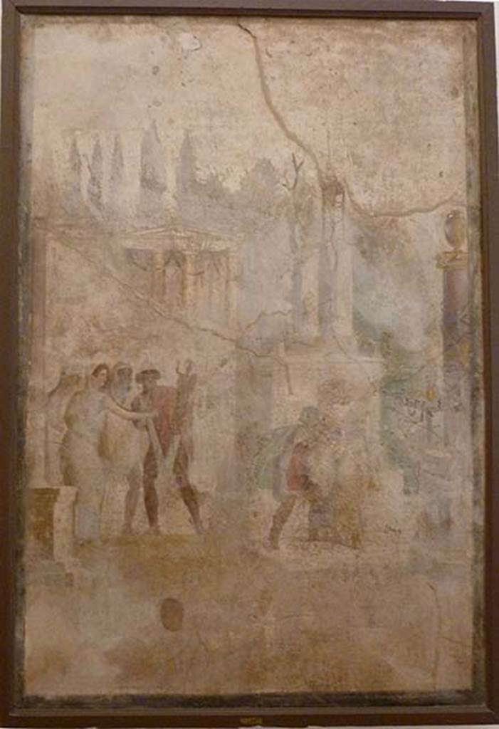 I.2.6 Pompeii. May 2010. Triclinium.
Wall painting of the Theft of the Palladium (Ratto del Palladio) found on the south wall. 
Now in Naples Archaeology Museum, inventory number 109751.
