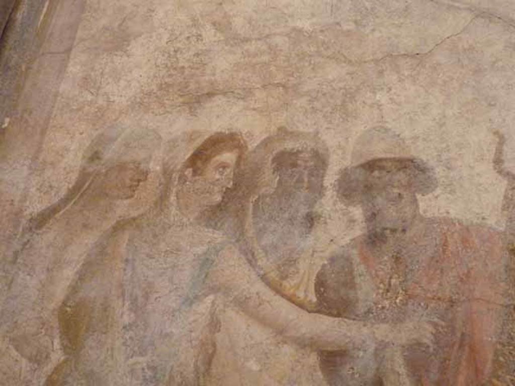 I.2.6 Pompeii.  May 2010. Detail from the wall painting of the Theft of the Palladium (Ratto del Palladio) found on the south wall of the triclinium. From the left Etra (Aethra), Elena (Helen) with arm outstretched, Diomede and Ulysses (Odysseus).  Now in Naples Archaeology Museum, inventory number: 109751
