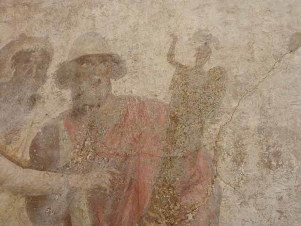 I.2.6 Pompeii.  May 2010. Detail from the wall painting of the Theft of the Palladium (Ratto del Palladio) found on the south wall of the triclinium. 
Ulysses (Odysseus) holding the Palladium. Now in Naples Archaeology Museum, inventory number: 109751
