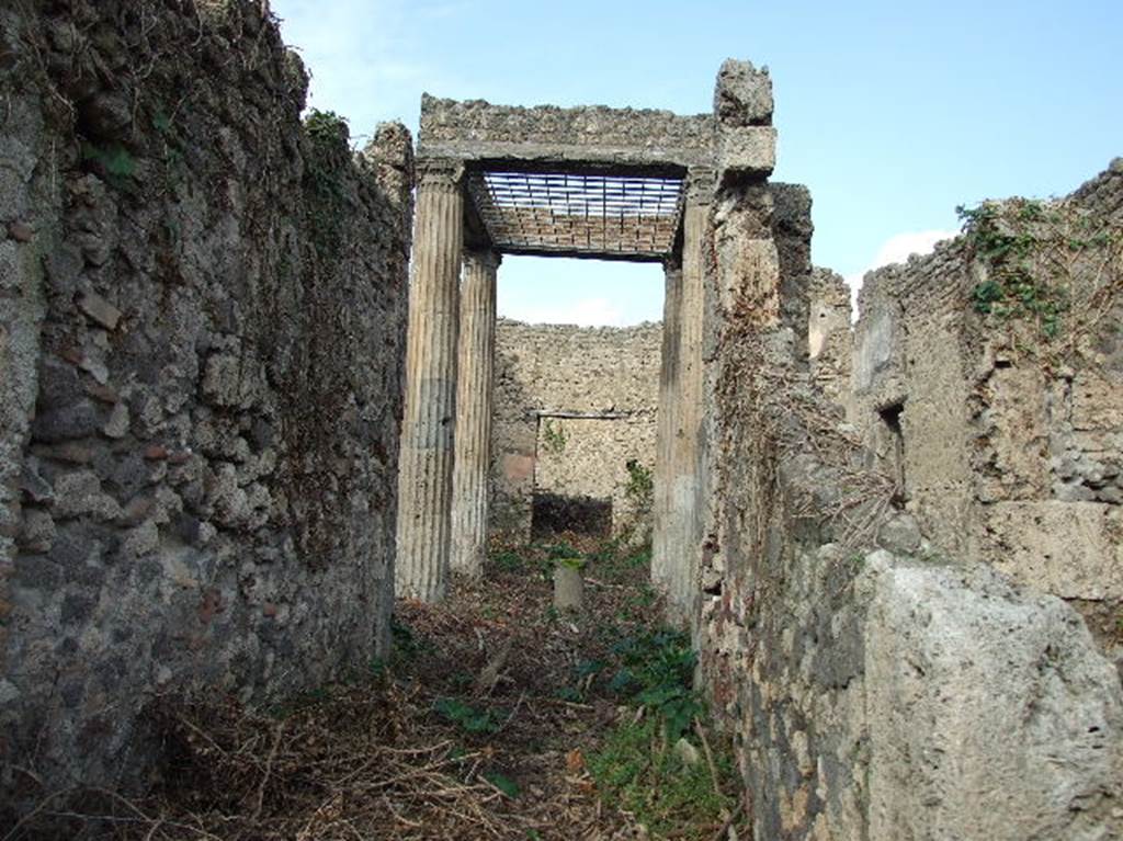 I.2.28 Pompeii. December 2006. Looking from entrance across atrium to the tablinum.
According to Warscher, quoting Mau in Bull. Inst. 1874, p.249-50, she wrote –
I.2.28 “L’atrium è tetrastylum, le colonne ioniche son di tufo, d’una forma piuttosto frequente in Pompei: ma in una epoca più trada fino all’altezza di m. 1,75 sono state rivestite di stucco senza scannellatura. L’epistilio è formato di travi che portano mattoni, e l’apertura quadrata fra le colonne, il compluvium era chiuso per mezzo d’un’inferriata, di cui si trovavano avanzi e che adesso è stato rimpiazzata di nuovo. La decorazione è semplice: scompartimenti rossi intermediati da altri stretti e neri: quello in mezzo alla parete è trattato a guisa di una nicchia, quasi per ricevere un quadro. In fondo all’atrio c’è in tablino (d) e due camere (c, e). Quella a sinistra (c ) era decorata dell’opus marmoratum, e allora la camera era alta e coperta a volta. Più tardi fu abbassata la soffitta e la camera ricevette una decorazione rossa, nella quale prevale il bianco: vi sono que’piccoli quadretti rappresentanti uccelli, vasi con rami appoggiativi, ecc. La decorazione del tablino rassomiglia a quella dell’atrio: sulle pareti laterali è dipinto un cervo che inseguito da un cane salta sopra un cancello. Accanto vi sta un’anfora sopra un base, e sull’una parete ancora un gran vaso al quale è poggiato un cerchio. Nel muro di fondo in mezzo vi è una porta che dà sul peristilio………..
See Warscher T., 1935. Codex Topographicus Pompeianus: Regio I.2. Rome: DAIR, whose copyright it remains.
(translation: I.2.28: “The atrium was tetrastyle, the ionic columns were of tufa, of a form found rather frequently in Pompeii: but in a later time, up to a height of 1.75 m had been covered with stucco without fluting. The frieze was composed of beams that carried masonry, and the square opening between the columns, the impluvium was closed by means of a grating, of which remains were found and that now had been replaced by new. The decoration was simple: red compartments interjected by other narrow and black compartments: that in the middle of the wall was treated in the guise of a niche, almost to receive a picture. At the back of the atrium, there was a tablinum (d) and two rooms (c, e). The one on the left (c) was decorated with opus marmoratum, and the room was high and covered with a vault. Later the ceiling was lowered and the room received a red decoration, where white prevailed: there were small paintings representing birds, pots with branches, etc. The decoration of the tablinum resembled that of the atrium: on the side walls a deer being chased by a dog jumping over a gate was painted. Nearby there was an amphora on a base, and on one wall was still a large pot placed in a circle.  In the middle of the wall at the rear, there was a door overlooking the peristyle ... “).
