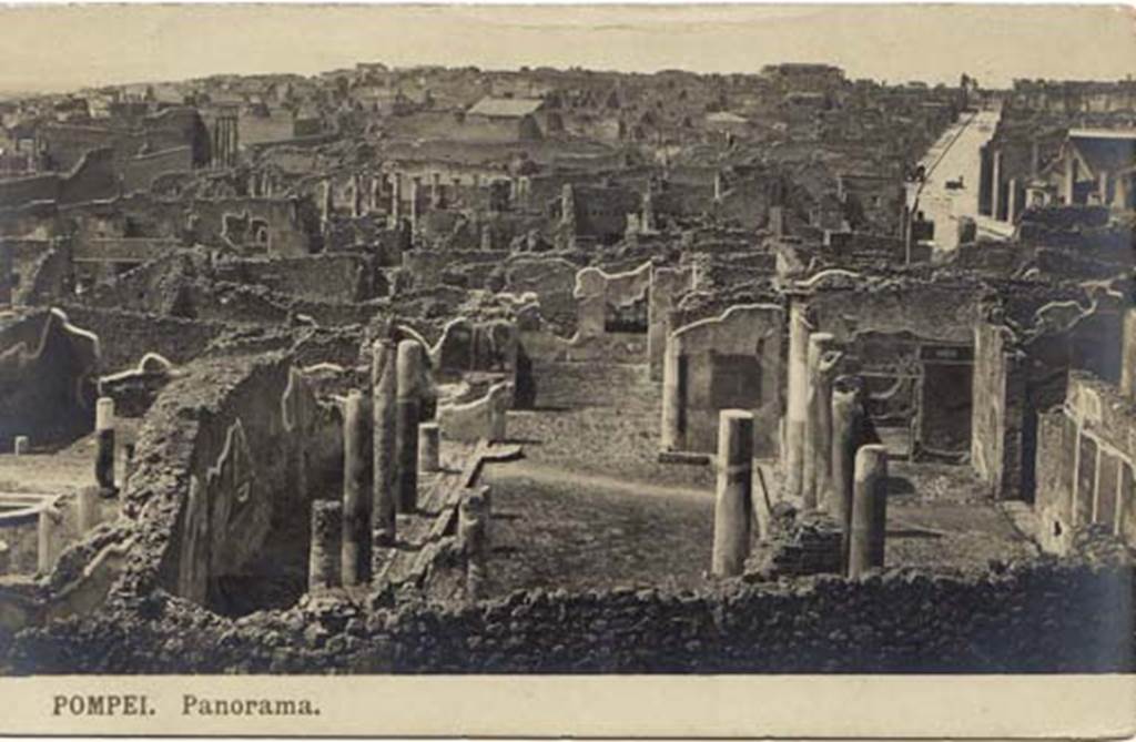 I.4.25 Pompeii. Old undated postcard. Photo courtesy of Drew Baker. Looking west across upper peristyle, with middle peristyle on the left. In the top right is the Via dell’Abbondanza leading to the Forum. 