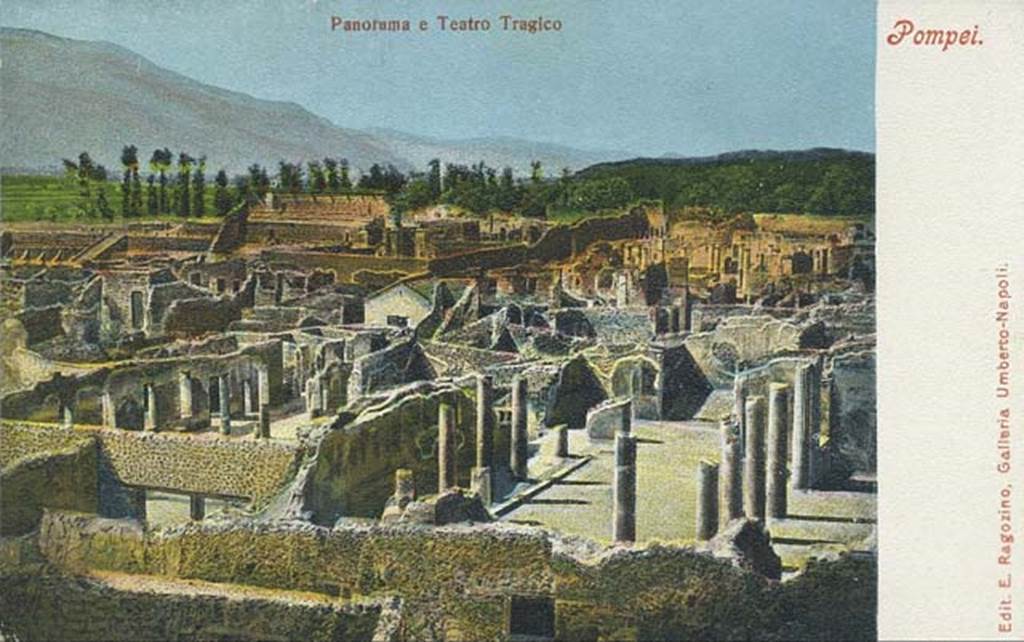I.4.25 Pompeii. Late 19th or early 20th century postcard. Looking south-west across upper peristyle and middle peristyle. On the top left are the mountains of the Sorrentine peninsula, and beneath them on the left, is the theatre area. Photo courtesy of Rick Bauer.
