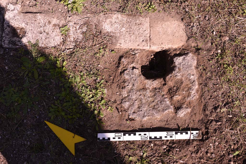 I.4.25 Pompeii. October 2019. Room 35, detail of doorway threshold, in centre.
Foto Tobias Busen, ERC Grant 681269 DÉCOR.

