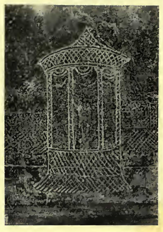 I.4.25 Pompeii. c.1930. 
Room 19, painting of aviary structure from east end of south wall of great triclinium of I.4.25. 
According to Van Buren - 
“the proportions of the whole, and the curving lines at the top, are copied from a painting in yellow on black, showing a structure similar in design [to VII.7.16 aviary] though presumably differing in function, in I.iv.25, on the wall to the right as one enters the great triclinium which opens at the north-east corner of the peristyle.”
See Van Buren, A. W. 1932. Further Pompeian Studies in Memoirs of American Academy in Rome, vol.10, 1932, Pl.1,2. (p.10-13 below).
See Carratelli, G. P., 1990-2003. Pompei: Pitture e Mosaici: Vol. I.  Roma: Istituto della enciclopedia italiana. (p.148, no.53).

