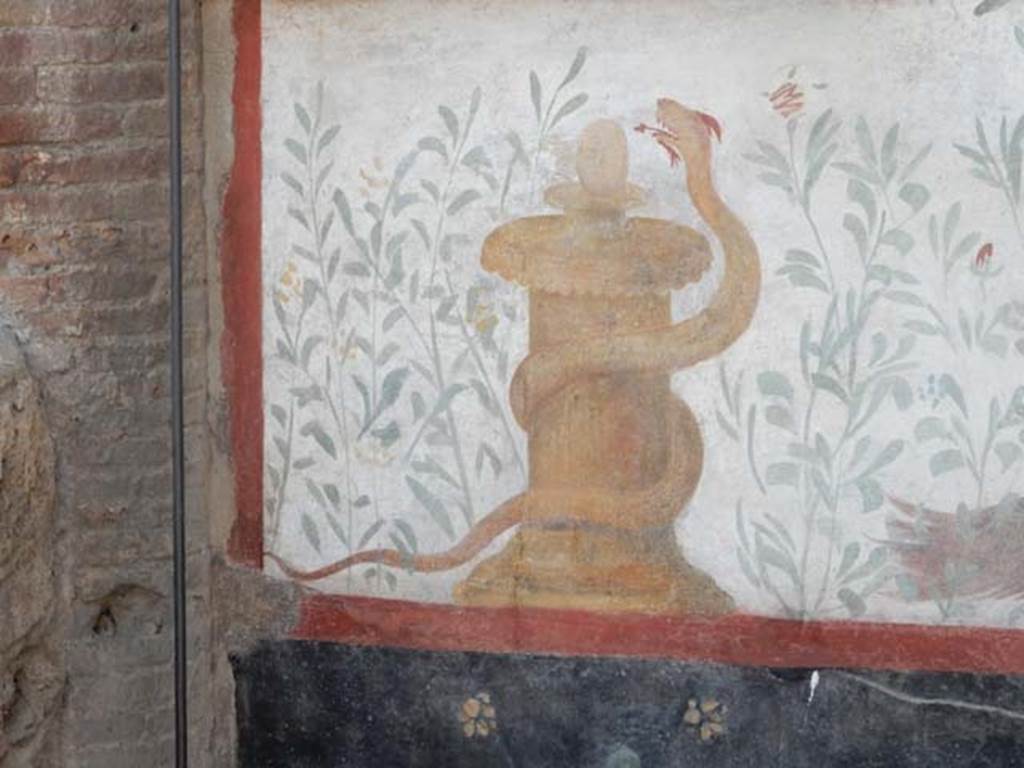 I.6.2 Pompeii. May 2017. Painted altar with small serpent, at the south end of the painted lararium.   Photo courtesy of Buzz Ferebee.
