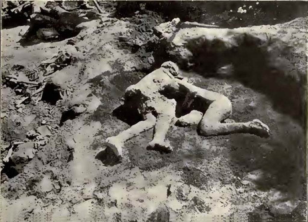 I.6.2 Pompeii. Plaster cast of two victims, found in the garden, between 2nd and 21st July 1914.
The casts were formed with the long and patient work of two valued workmen, Umberto Borelli and Armando Mancini.
See Notizie degli Scavi di Antichit, 1914, Vol XI, p.261. (Fig.5)

