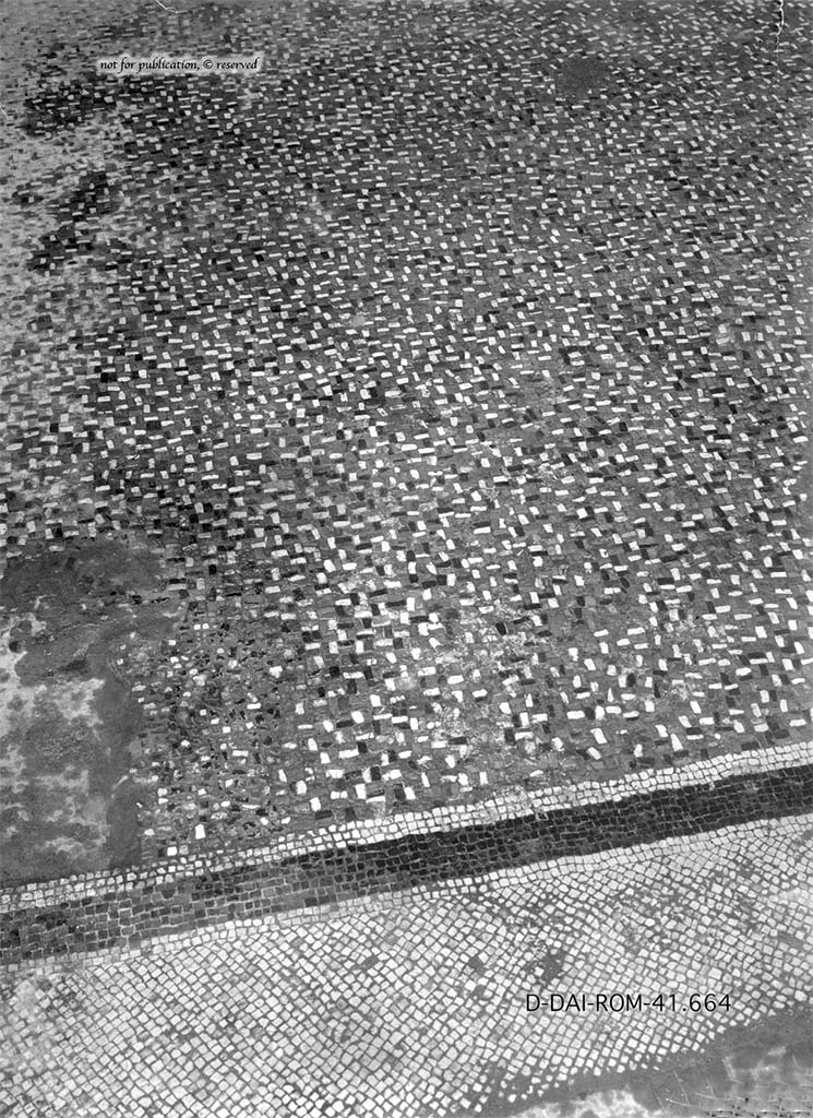 I.6.4 Pompeii. Before 1938. Triclinium mosaic floor.
DAIR 41.664. Photo © Deutsches Archäologisches Institut, Abteilung Rom, Arkiv. 
See Pernice, E.  1938. Pavimente und Figürliche Mosaiken: Die Hellenistische Kunst in Pompeji, Band VI. Berlin: de Gruyter, Taf. 25,4.

