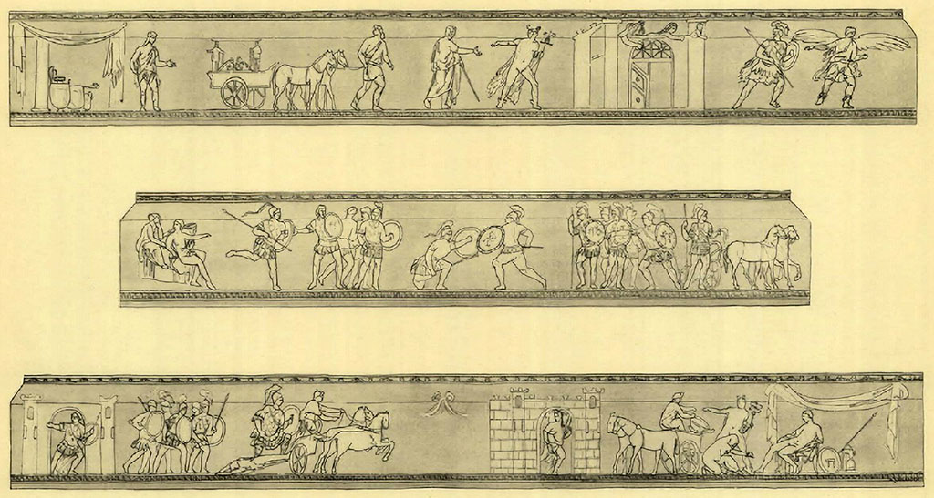 I.6.4 Pompeii. Room 16, sacellum. Drawing of stucco Iliac reliefs on east, south and west walls of the Sacraria di Venere e Diana.
Achilles moving to fight Hector.
Hector fighting and killed by Achilles and dragged behind a chariot.
Priam at the feet of Achilles pleading for the recovery of the body of Hector and taking it back to Troy.
See Spinazzola V., 1953. Pompei alla luce degli Scavi Nuovi di Via dell’Abbondanza (anni 1910-1923). Roma: La Libreria della Stato, Tav. 86.
