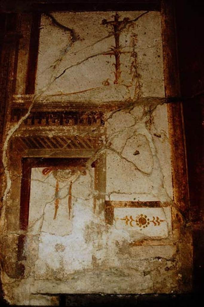 I.6.7 Pompeii. 1959. Room at north end of east side of atrium. 
Detail painting with architecture with attributes of Dionysus from vaulted wall directly above door lintel.
Photo by Stanley A. Jashemski.
Source: The Wilhelmina and Stanley A. Jashemski archive in the University of Maryland Library, Special Collections (See collection page) and made available under the Creative Commons Attribution-Non Commercial License v.4. See Licence and use details.
J59f0170
