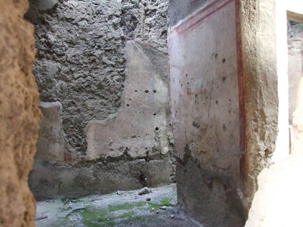 I.7.1 Pompeii. December 2007. Cubiculum on east side of fauces, through hole made in wall. In the centre of the panel on the south wall, right side of photo, is a painted vignette of two birds with a pomegranate, see below. On the north wall, was a painted sacred landscape, see below.
