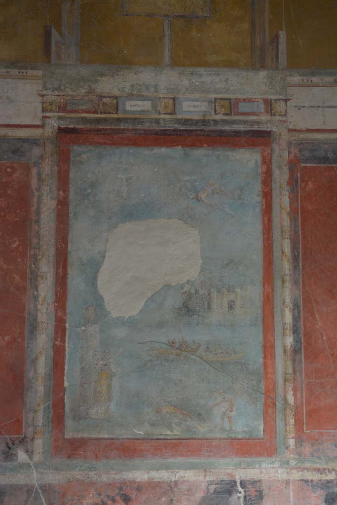 I.7.7 Pompeii. December 2006. North wall of triclinium, with wall painting of Heracles in the Garden of the Hesperides.