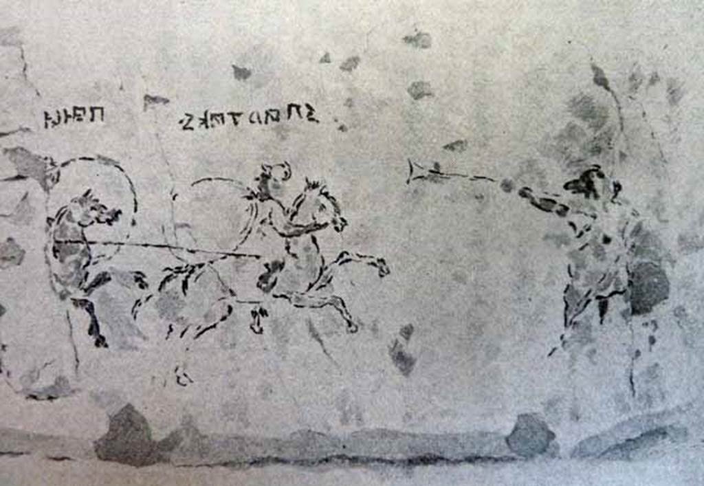 I.7.7 Pompeii. Detail from ancient combat wall painting. At the left end is a structure which may possibly be an altar. Duel between two dismounted gladiators (possibly Samnites) armed with swords and rectangular shields.
There are undecipherable Oscan inscriptions above their heads.
