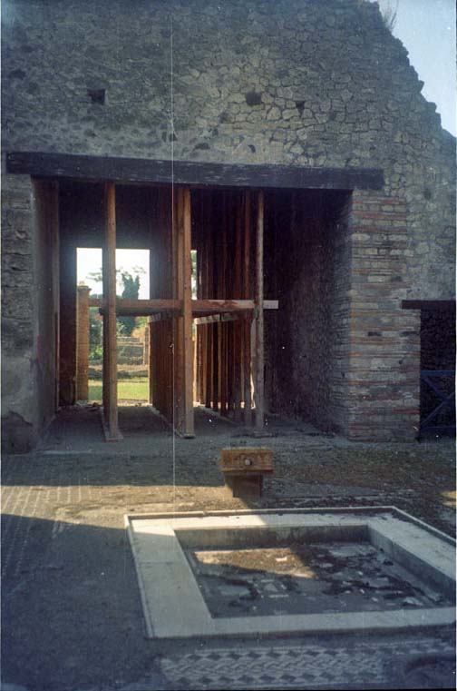 I.9.1 Pompeii. April 1998. Room 1, atrium and impluvium. Work is in progress on the surrounding mosaic.
A marble fluted puteal is in place at the north end of the impluvium but the terracotta grondaia is not present at the south end.
Photo courtesy of Rob Rietberg.
